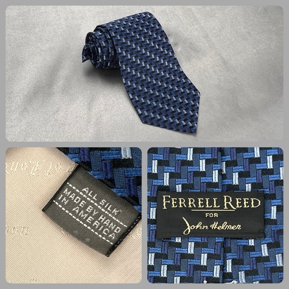 Ferrell Reed for John Helmer Blue Geometric Basketweave Pattern Silk Tie USA 57"
